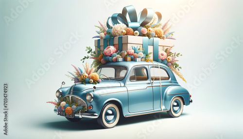 blue retro car with flowers and present box on the background © Alla