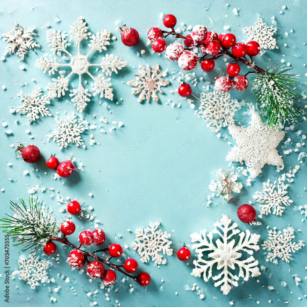 Frosty Elegance: Christmas Composition with Snowflake Frame and Red Berries Frosty Elegance: Christmas Composition with Snowflake Frame and Red Berries