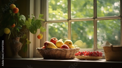 A fruit basket set on the table near window in morning