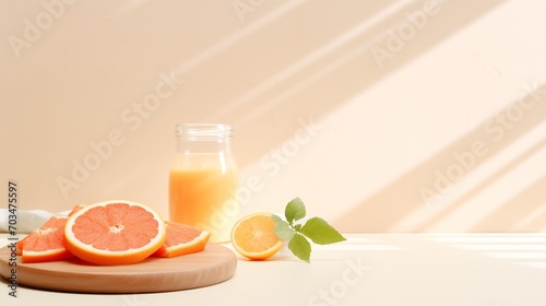 A set of Orange juice set up on table with a piece of fresh orange
