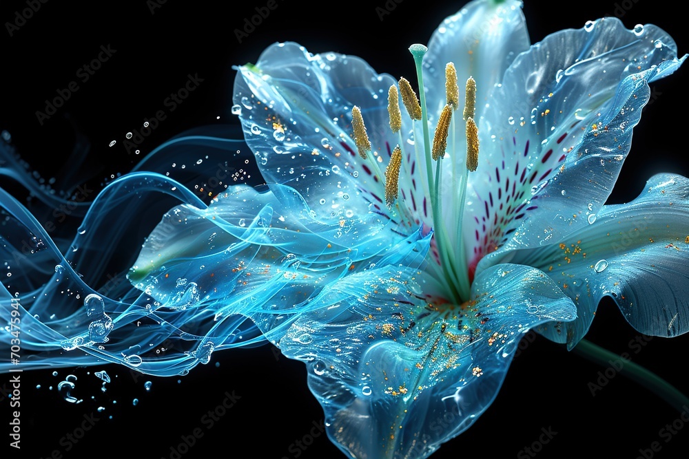 Naklejka premium Abstract gentle cyanotype transparent flowers with cyber silverpoint impressionism.
