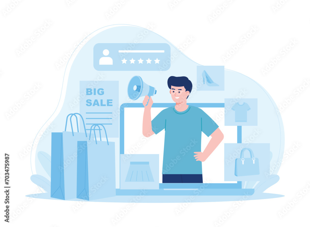 online sales promotion in the market via laptop concept flat illustration online sales promotion in the market via laptop concept flat illustration