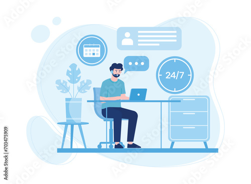 customer service worker sitting in front of laptop. call center operator  customer support  communication concept concept flat illustration