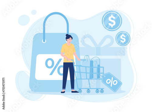 women shopping at online shop get big discounts concept flat illustration