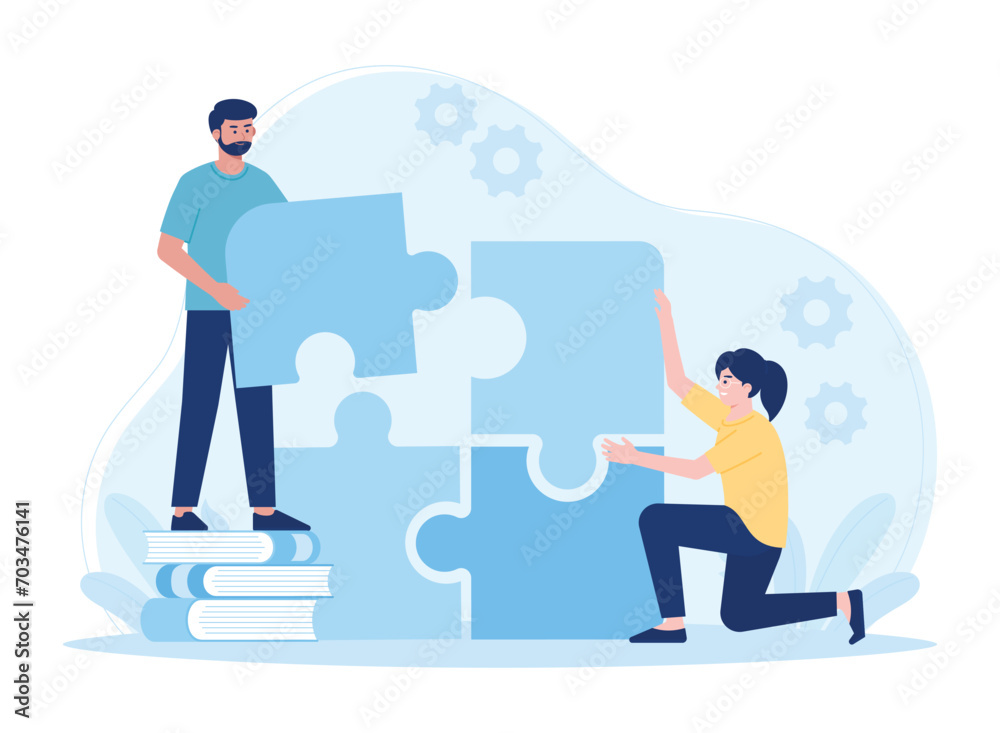 two business people building a working puzzle concept flat illustration two business people building a working puzzle concept flat illustration