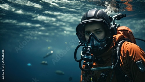 a scuba diver in a deep blue sea