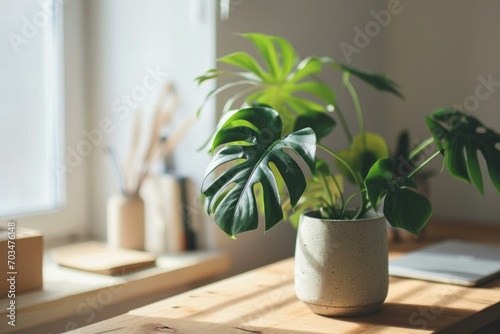 Serene Home Office with Potted Plant  Natural Light Concept