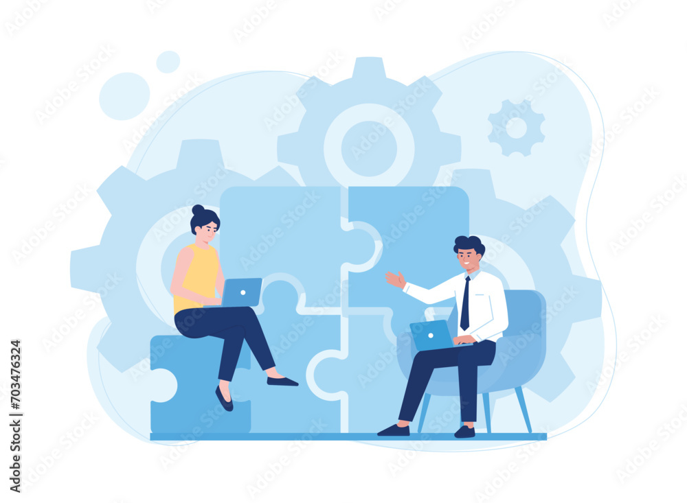 two business people are looking for a solution to solve a problem teamwork concept flat illustration two business people are looking for a solution to solve a problem teamwork concept flat illustration
