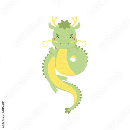 2024 Asian zodiac sign, cute Chinese dragon flat character illustration. Hand drawn vector illustration, isolated on white. Kawaii cartoon style design. Lunar New Year holiday card, banner element © Maria Skrigan