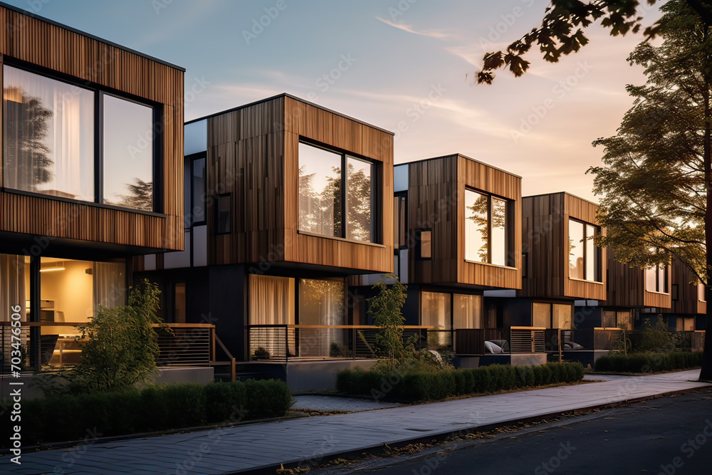 These stylish urban townhouses feature eco-friendly wooden cladding, offering a perfect blend of modern aesthetics and residential comfort. These stylish urban townhouses feature eco-friendly wooden cladding, offering a perfect blend of modern aesthetics and residential comfort.