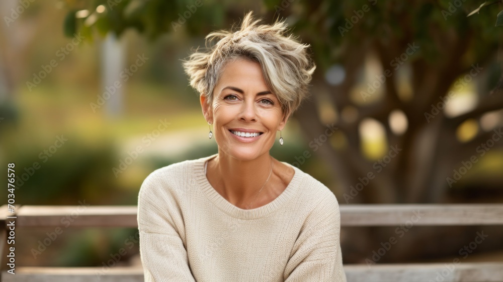 A beautiful successful businesswoman of 40-50 years old is sitting on a park bench and smiling at the camera. A happy joyful woman with a short haircut in nature. A beautiful successful businesswoman of 40-50 years old is sitting on a park bench and smiling at the camera. A happy joyful woman with a short haircut in nature.