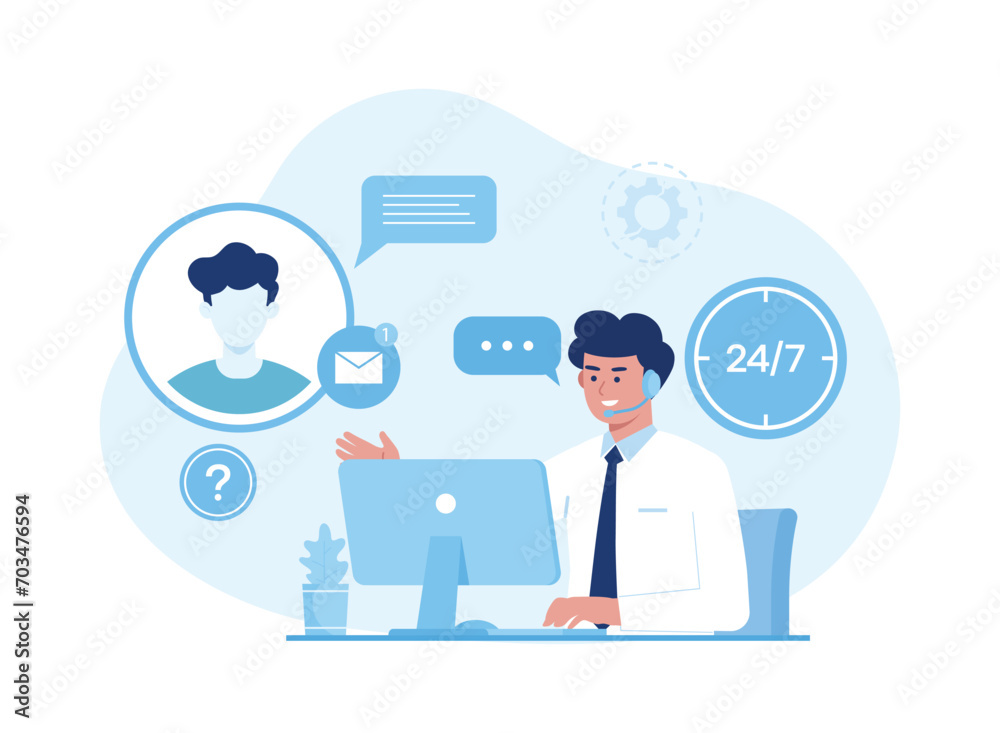 online customer service call and chat, 24 hours global concept flat illustration online customer service call and chat, 24 hours global concept flat illustration
