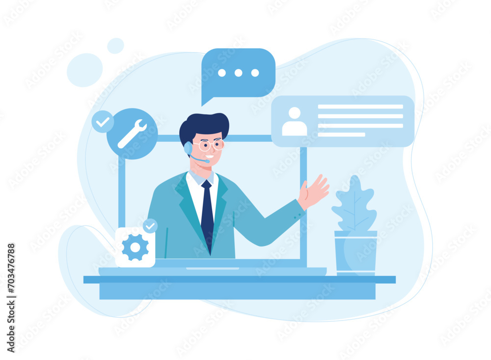 man on laptop showing customer support management concept flat illustration man on laptop showing customer support management concept flat illustration