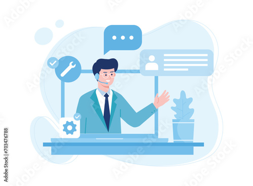 man on laptop showing customer support management concept flat illustration