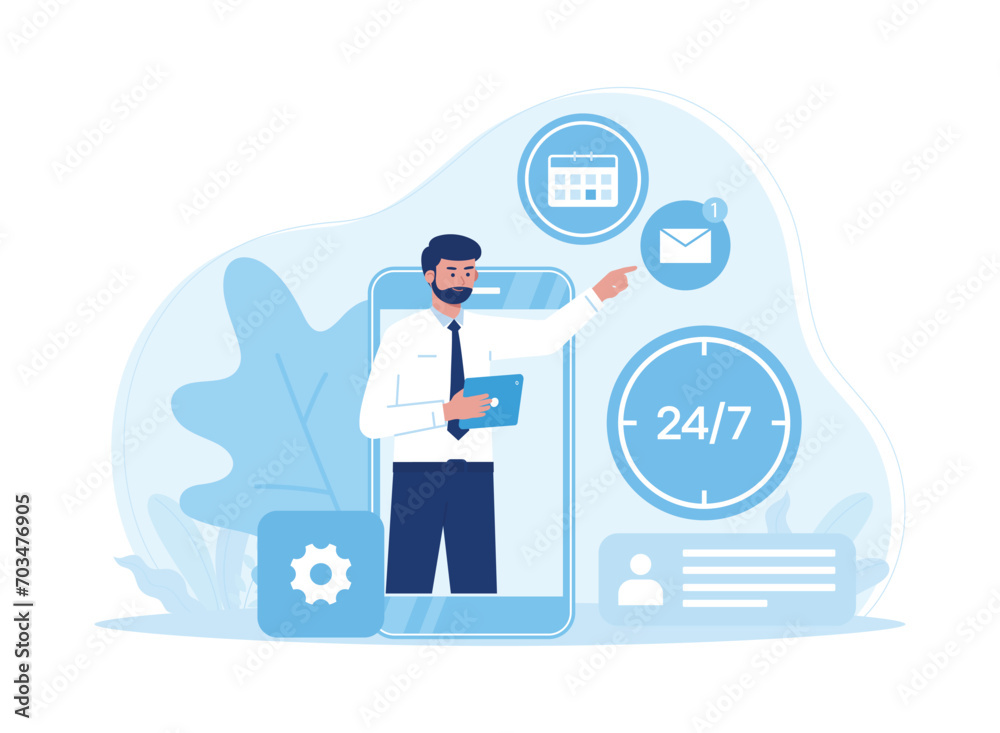 man in cell phone showing customer support management concept flat illustration