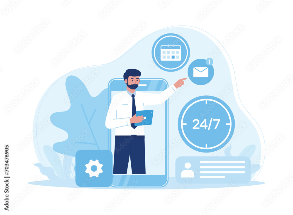 man in cell phone showing customer support management concept flat illustration man in cell phone showing customer support management concept flat illustration