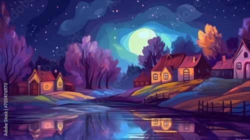 Riverside Radiance: Colorful Houses by the Riverbank Under the Night Sky Painting- Generative AI Masterpiece