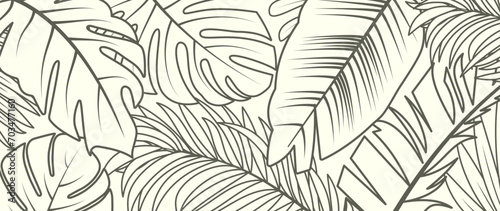 Abstract background from botanical tropical palm leaves branches in the jungle drawn by outline. Design for prints wall art banner poster fabric decoration. Flat doodle style. Vector illustration.
