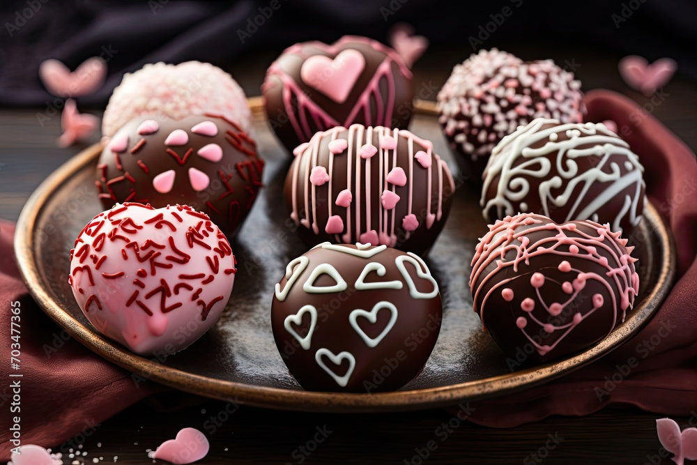 Box of painted chocolates in the shape of a heart on the table