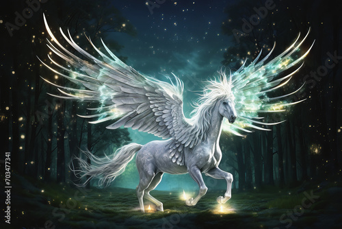Legendary Pegasus winged horse of the Greek Mythology with open wings in a forest environment  AI Generated