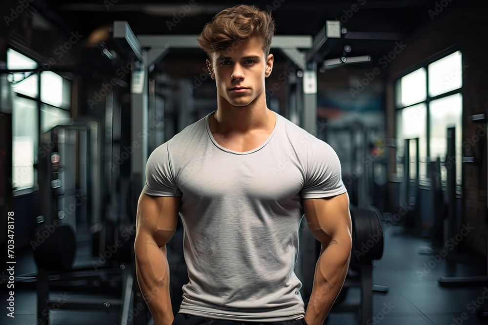 Capturing the intensity of a workout session, this gym portrait highlights a young athlete's focus and physical fitness in a motivating setting. Capturing the intensity of a workout session, this gym portrait highlights a young athlete's focus and physical fitness in a motivating setting.