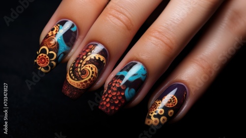 manicure: long nails in the shape of a stiletto in colorful octopus pattern 