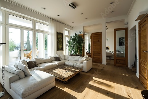 Simple interior of modern living room with wooden doors and white walls