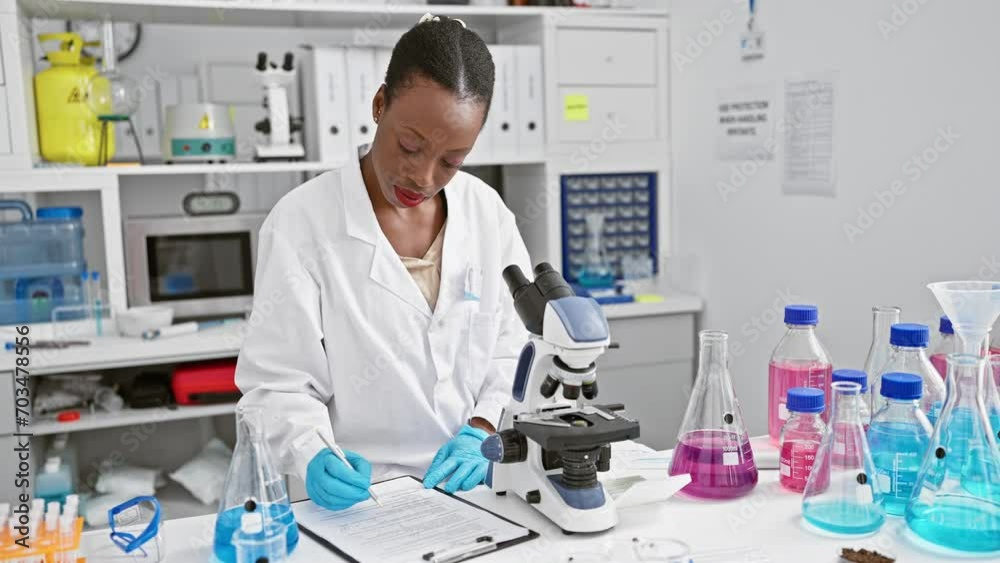 In the heart of the lab, attractive african american woman scientist seriously taking notes, working with microscope in bustling medical research center