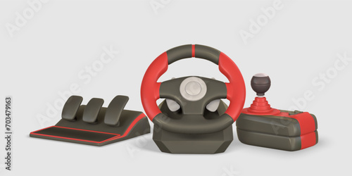 Realistic 3d game steering wheel, pedals, shifter. Game stick, controller, video game console. Game concept. Vector illustration