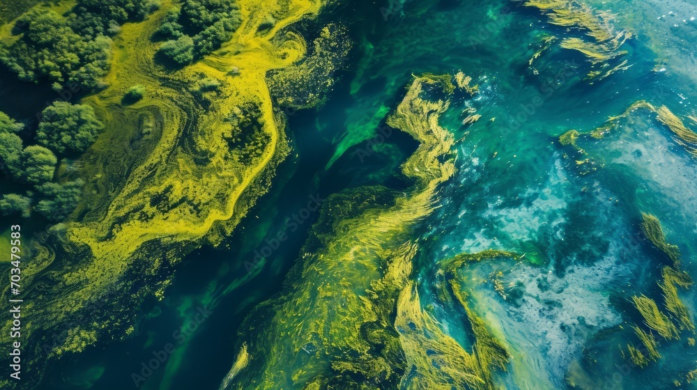Algae Artistry: Aerial Capture of Lake's Green Mosaic
