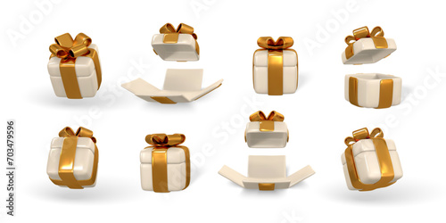 3d gift box with golden bow. Plastic box with shadow isolated on light background. Vector illustration