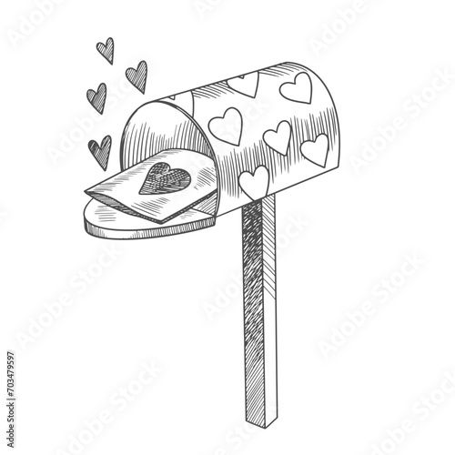 Open postbox with a love letter inside. Retro style mailbox with heart pattern. Black and white sketch style illustration for Valentines day