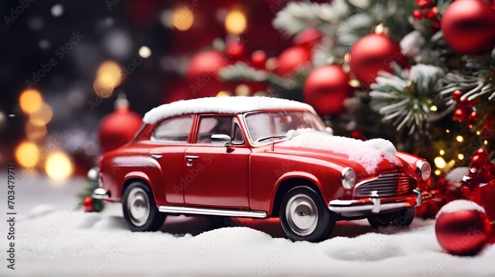 Red toy car covered with snow and christmas tree on background.