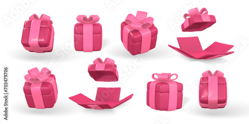 3d gift box with red bow. Plastic box with shadow isolated on light background. Vector illustration