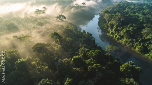 Serene Veil: Early Mist Over Amazon Rainforest