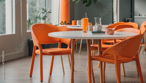 a couple of orange chairs sitting next to a table