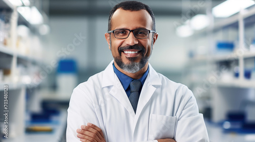 Portrait of a smiling male doctor in a lab coat holding a tablet