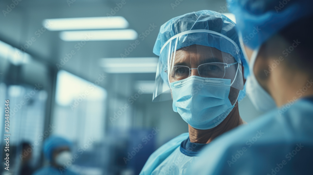 Close-up of a healthcare worker in blue scrubs, wearing safety goggles and a surgical mask, the focus is on their eyes Close-up of a healthcare worker in blue scrubs, wearing safety goggles and a surgical mask, the focus is on their eyes