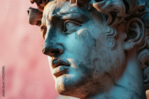 Abstract beautiful muscular stoic person, stone statue sculpture with ancient greek, roman david vibes. Neoclassical impression with beautiful emotion portraying stoicism and philosophy.