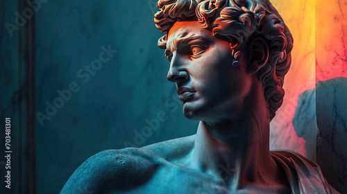 Abstract beautiful muscular stoic person, stone statue sculpture with ancient greek, roman david vibes. Neoclassical impression with beautiful emotion portraying stoicism and philosophy. photo