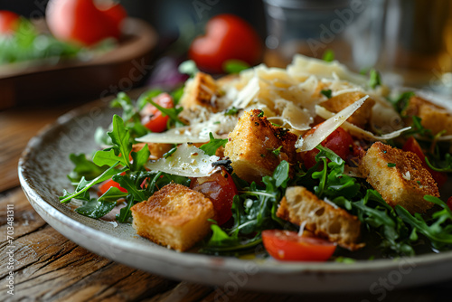 Caesar salad with chicken fillet, cherry tomatoes and croutons, traditional Italian food on wooden background