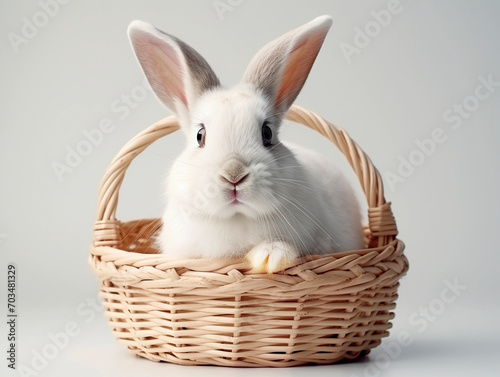 Cute white rabbit in a wicker basket on a gray background