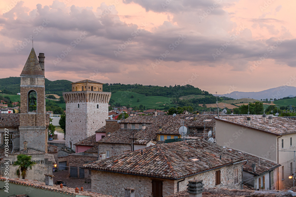Panoramic view of Fermignano, small town near Urbino in Marche region, at the sunset