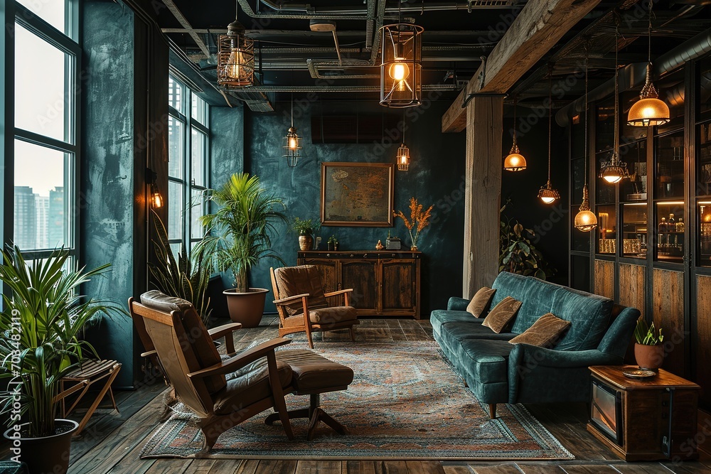 Wooden and dark blue living room interior with armchairs