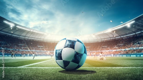 A football lies on the grass in a stadium