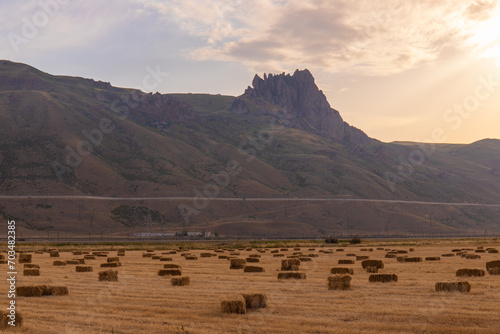 Sacred mountain Beshbarmag at sunset. photo