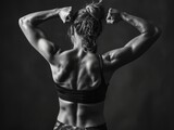 Monochrome picture of a strong woman flexing her muscles, showcasing physical strength and determination.