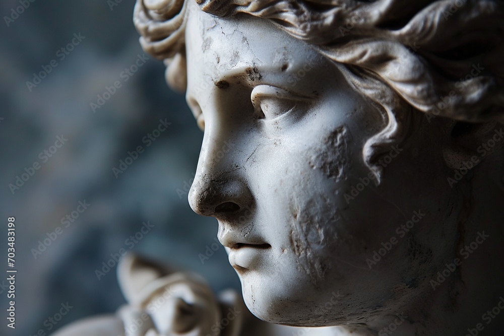 Abstract beautiful muscular stoic person, stone statue sculpture with ancient greek, roman david vibes. Neoclassical impression with beautiful emotion portraying stoicism and philosophy.