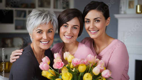 Three generations of women a young woman, her mother, and her grandmother are smiling and embracing, each holding a bouquet of tulips, symbolizing family and affection.