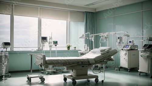 a hospital room with medical equipment and lights
